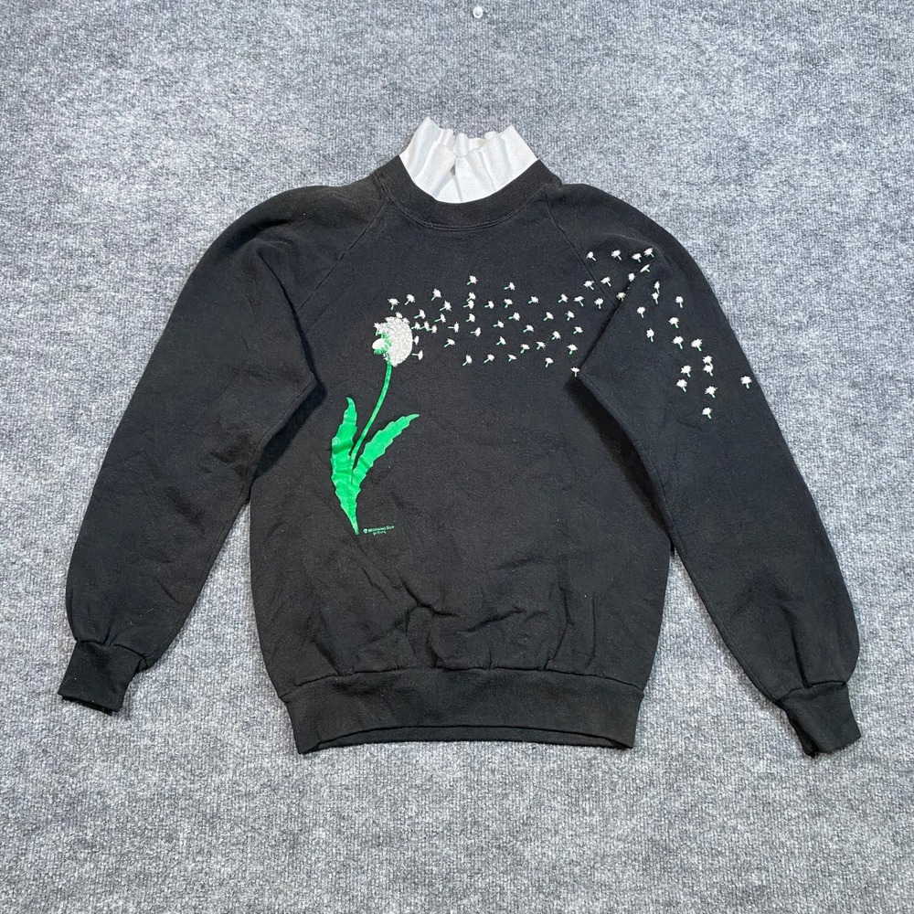 Vintage Morning Sun Dandelion Sweatshirt Mock Neck Black Womens Medium USA Made - Picture 1 of 8